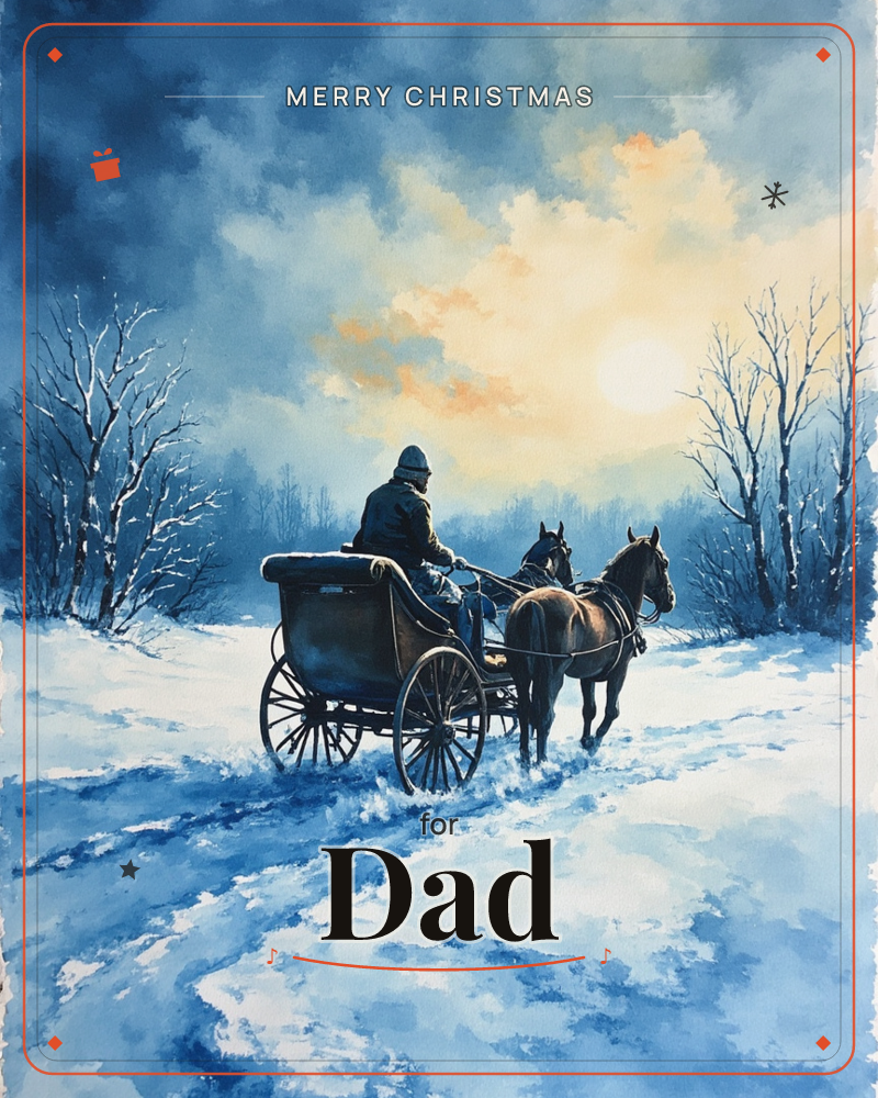 A driver in a heavy coat guides a horse-drawn carriage down a snow-covered lane, bare trees lining the path on either side, a christmas e-card design