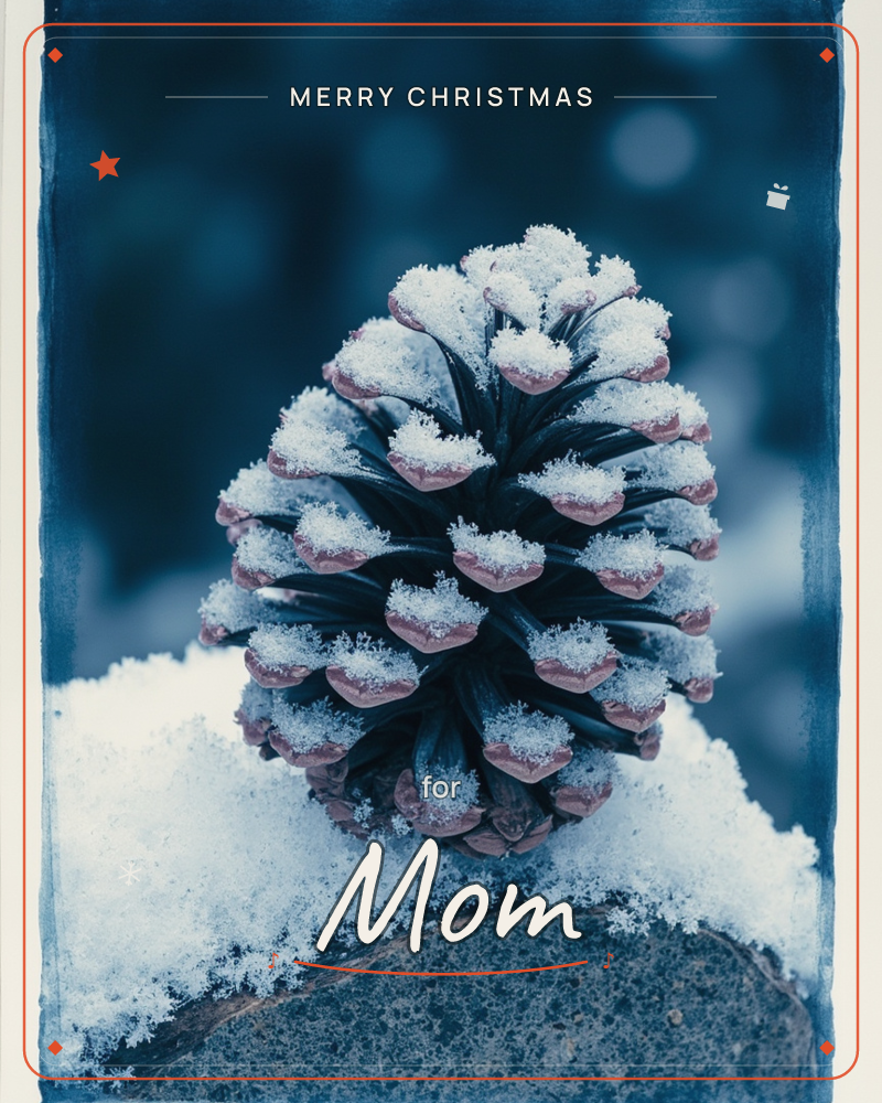 A single pinecone sits nestled in fresh snow atop a stone, its scales dusted with delicate frost and crystals of ice, a christmas e-card design
