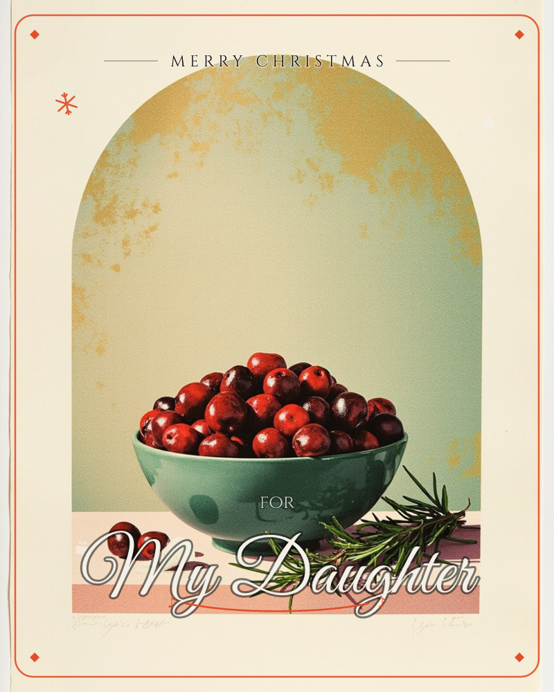 A green ceramic bowl piled high with glossy cranberries sits inside a painted archway on a soft pink tabletop, sprigs of rosemary and a stray garlic…, a christmas e-card design