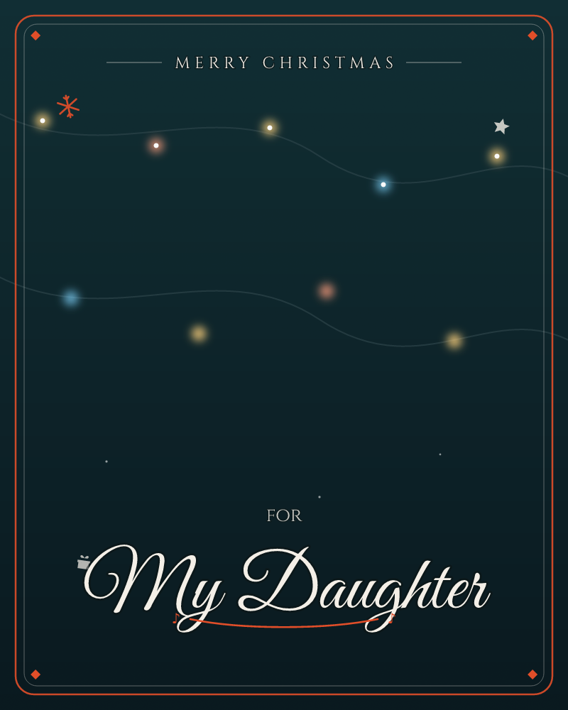 A deep teal-black night sky is crossed by two faint wavy threads of light, strung with soft glowing dots in gold, blue, and rust red like scattered…, a christmas e-card design by @DittyCityTeam