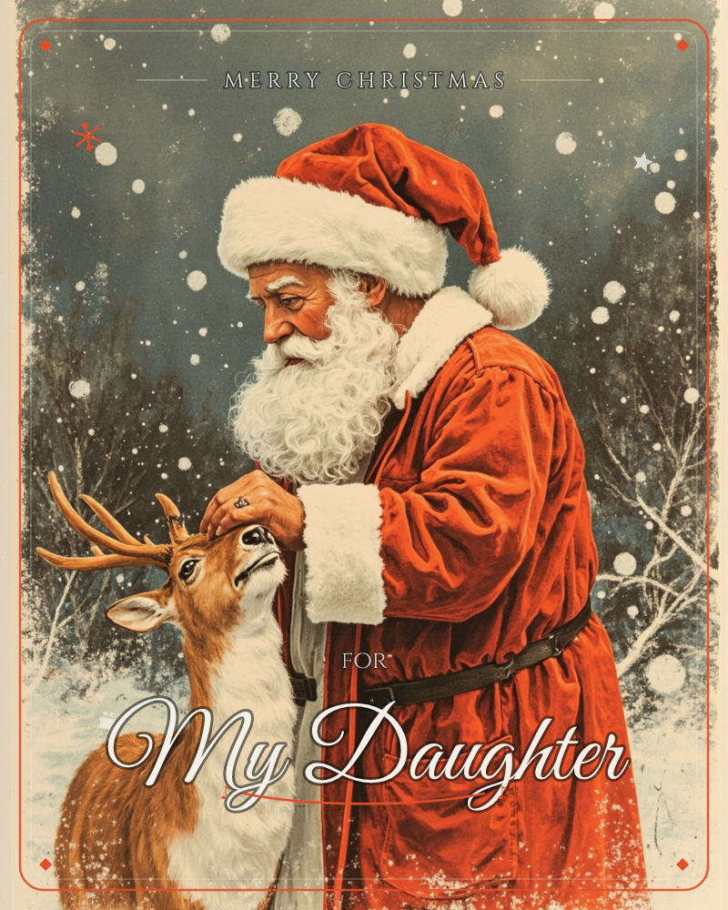 Santa Claus stands in a snowy, moonlit forest, gently touching the antler of a reindeer that nuzzles up against his red velvet coat, a christmas e-card design