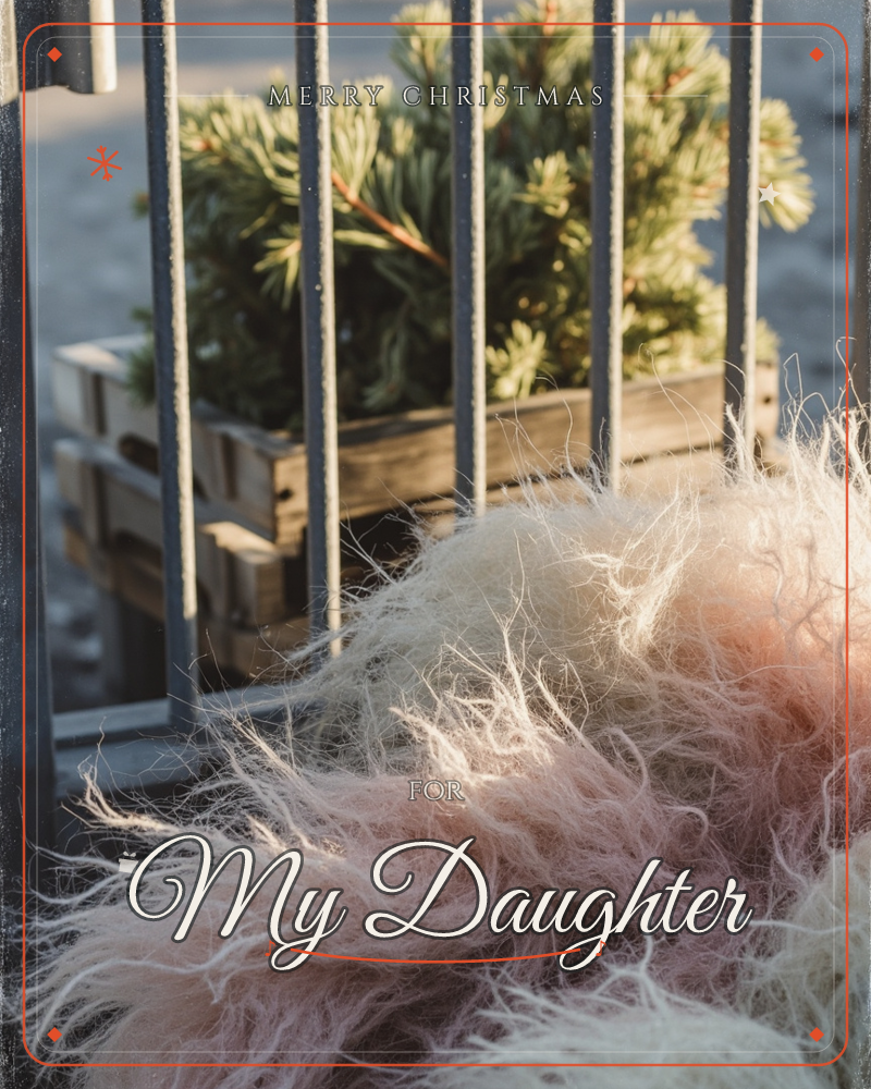 A close-up photograph shows a soft, fluffy sheepskin throw draped over a metal railing, its fibres catching warm low sunlight in tones of cream and…, a christmas e-card design