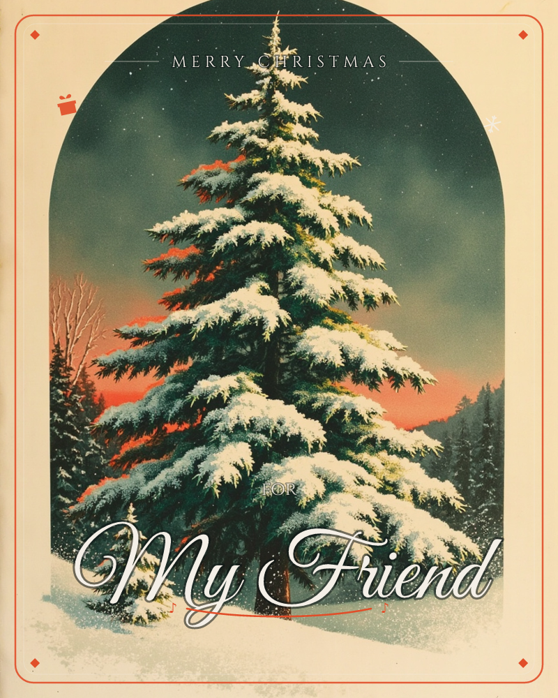 A tall snow-laden pine stands in an arched frame, its branches heavy with white against a twilight sky streaked with deep orange near the horizon and…, a christmas e-card design
