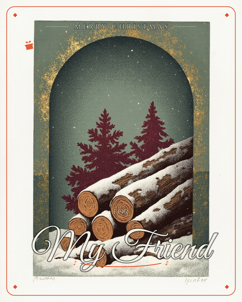 An arched panel edged in gold speckle frames a stack of snow-topped logs, their cut ends showing warm rings of wood grain, set against deep maroon pine…, a christmas e-card design