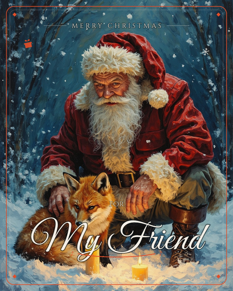 Santa kneels in a snowy midnight forest, gently resting his hand on a red fox curled beside him, a christmas e-card design