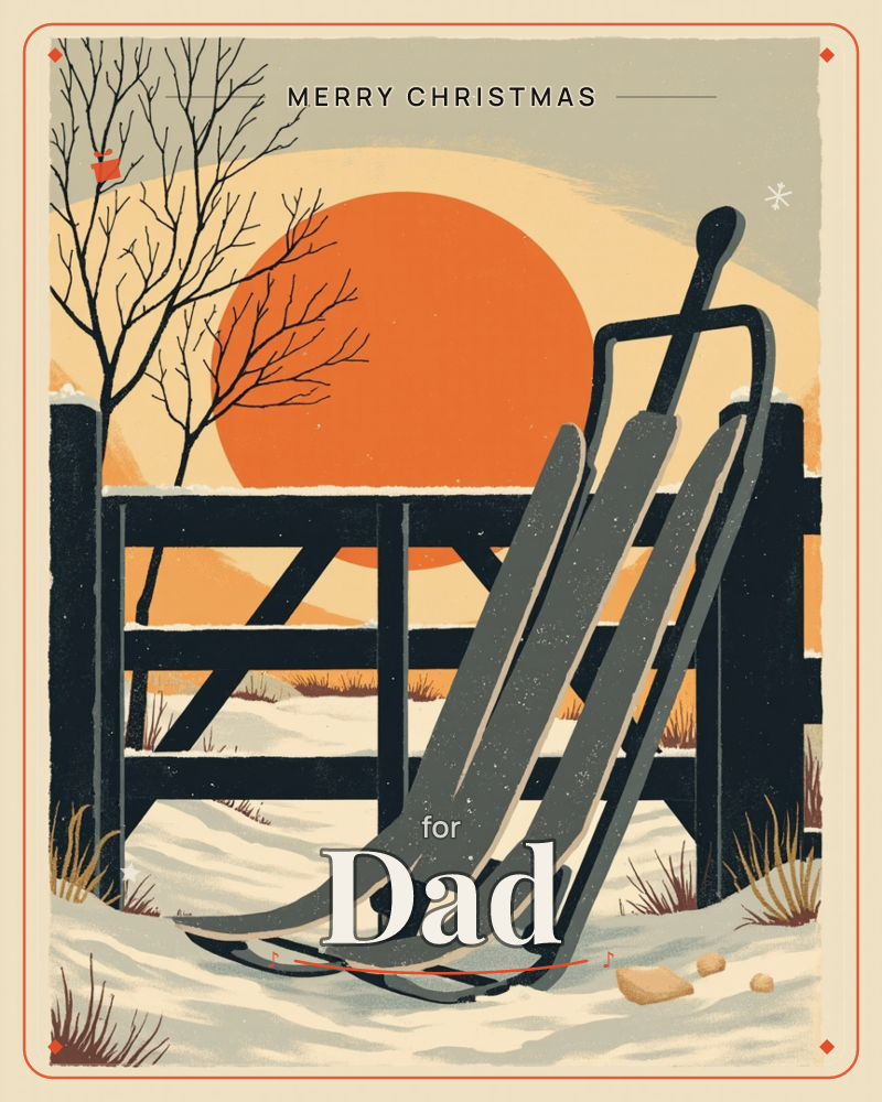 A winter card showing an old wooden sled leaning against a dark timber fence, its metal runners resting in drifted snow, a christmas e-card design
