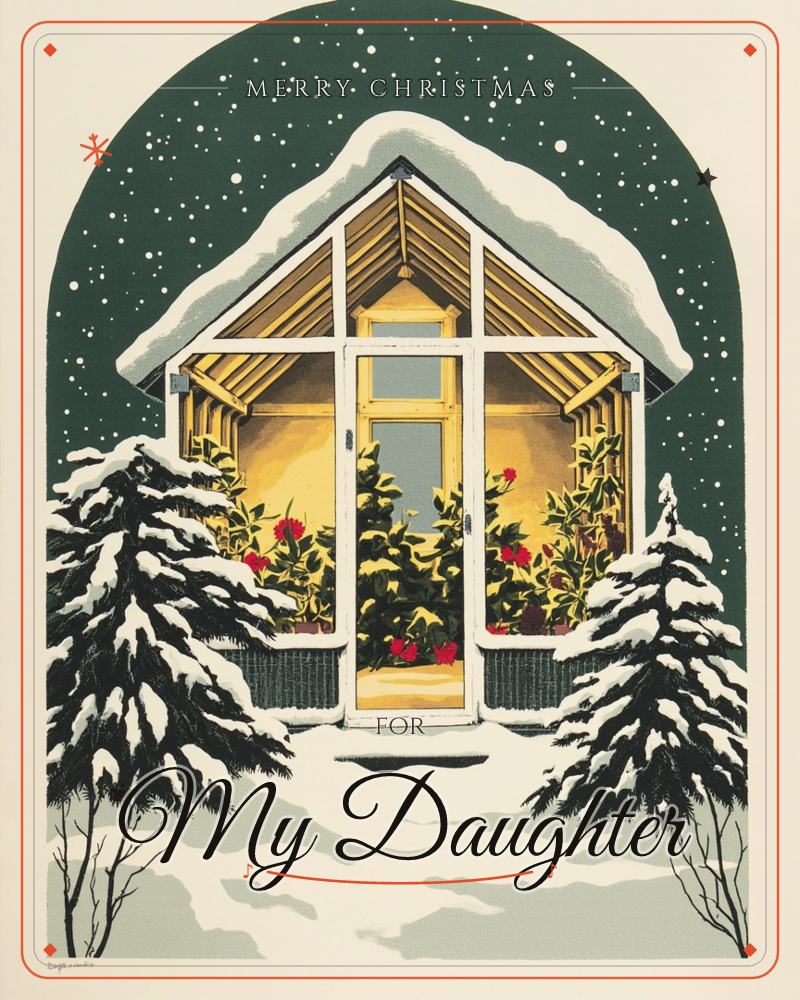 A snow-laden greenhouse glows from within, its glass panes framing red-blossomed shrubs under warm golden light, a christmas e-card design