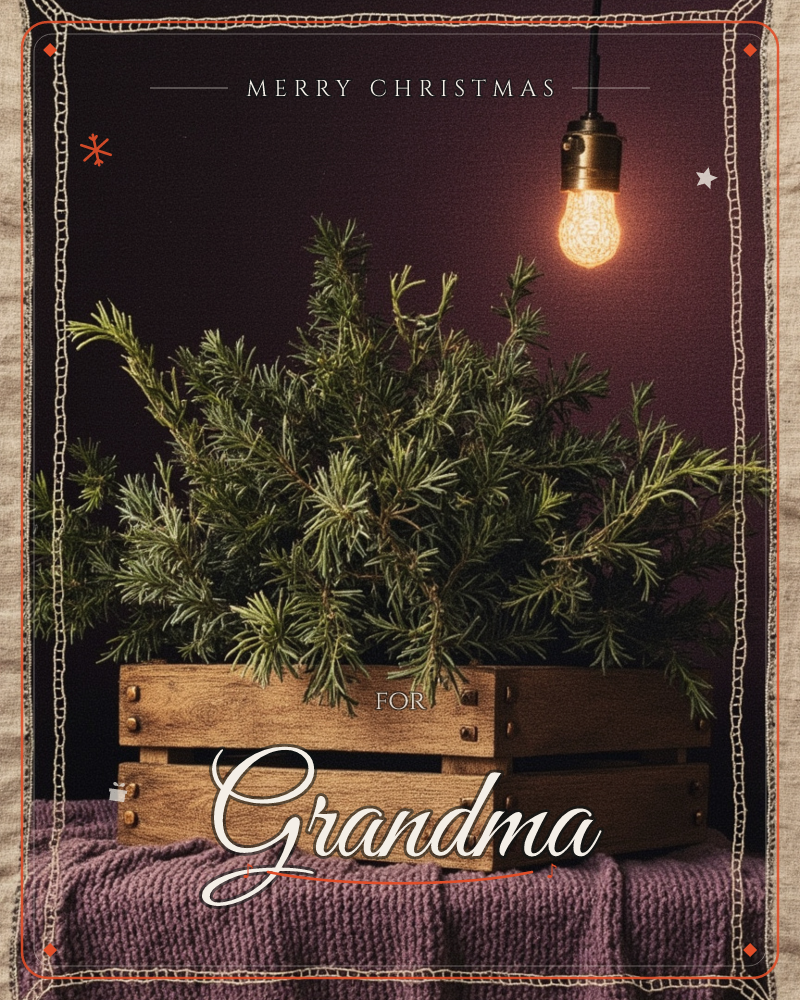 A rustic wooden crate holds a bundle of dark, feathery evergreen branches, lit from above by a single bare bulb hanging on a black cord, a christmas e-card design