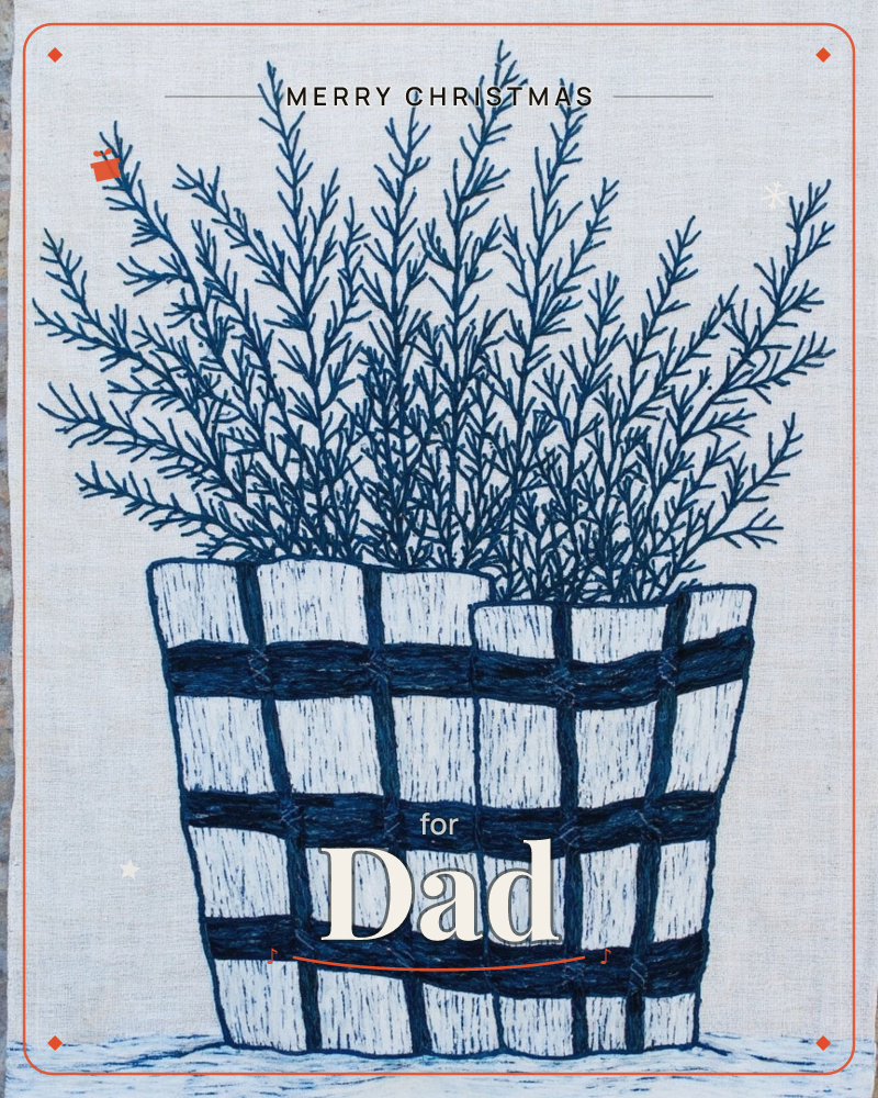 Two woven baskets sit side by side on a linen-textured background, filled with feathery sprigs of foliage rendered as fine, needle-like branches…, a christmas e-card design