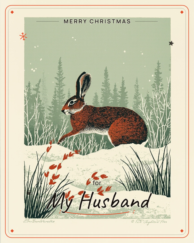A hare with a rich rust-brown coat bounds through a snowy clearing, its long ears alert against a sage-green forest of pine trees, a christmas e-card design