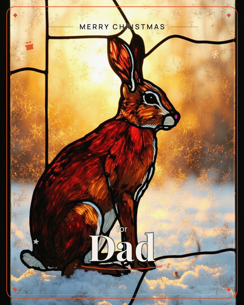 A stained-glass style hare sits alert in profile against a glowing amber winter sunrise, its fur rendered in deep russet and copper leaded panels, a christmas e-card design