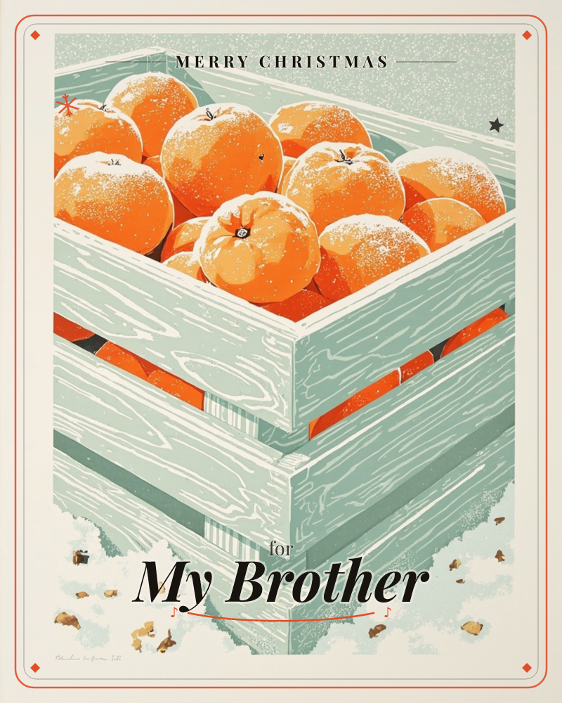 A wooden crate brims with fresh oranges dusted lightly with snow, its pale seafoam slats streaked with grain and set against a snowy ground, a christmas e-card design