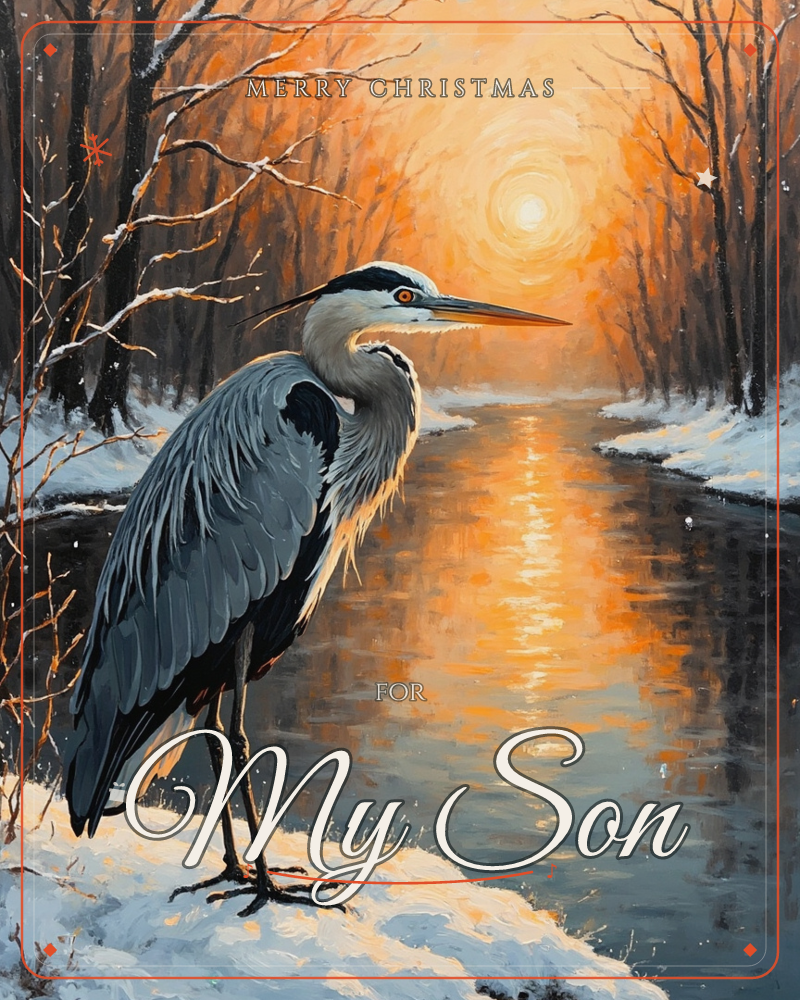 A great blue heron stands on a snowy bank beside a dark winter stream, its long bill pointed toward a blazing orange sunset that glows through bare trees, a christmas e-card design
