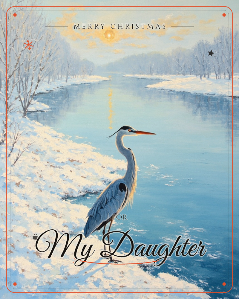 A grey heron stands on a snow-covered riverbank, its long neck curved and beak catching the light of a pale winter sun, a christmas e-card design