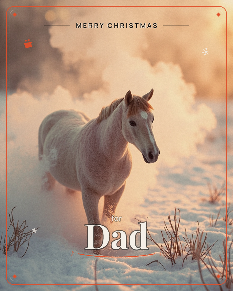 A pale golden horse strides through deep snow, kicking up a bright cloud of powder that glows around it in the low winter sun, a christmas e-card design