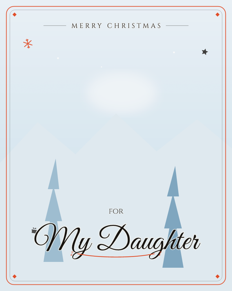 A pale winter sky glows with a soft misty light behind faint blue mountain silhouettes, and two simple pine trees stand quietly in the foreground, a christmas e-card design by @DittyCityTeam