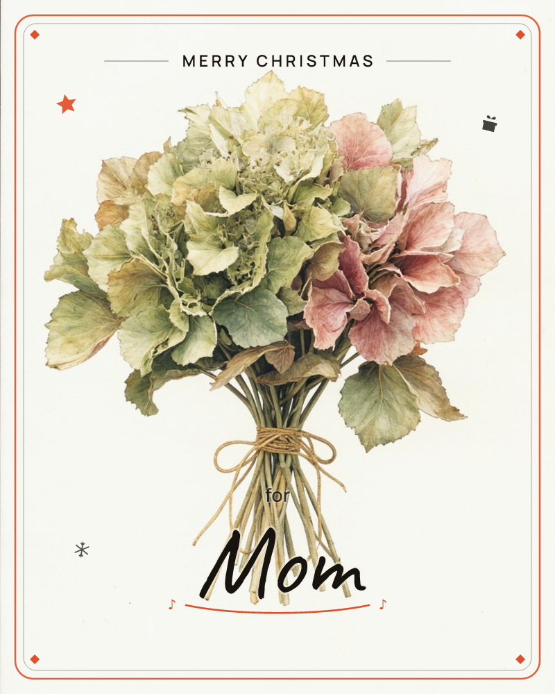 A hand-tied bouquet of hydrangeas sits against a plain cream background, their papery petals fading from soft green to dusty pink and rust at the edges, a christmas e-card design