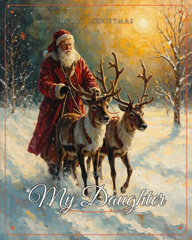 Santa Claus strides through a snowy forest leading two harnessed reindeer by their reins, his long red coat and white beard catching a golden glow from…, a christmas e-card design
