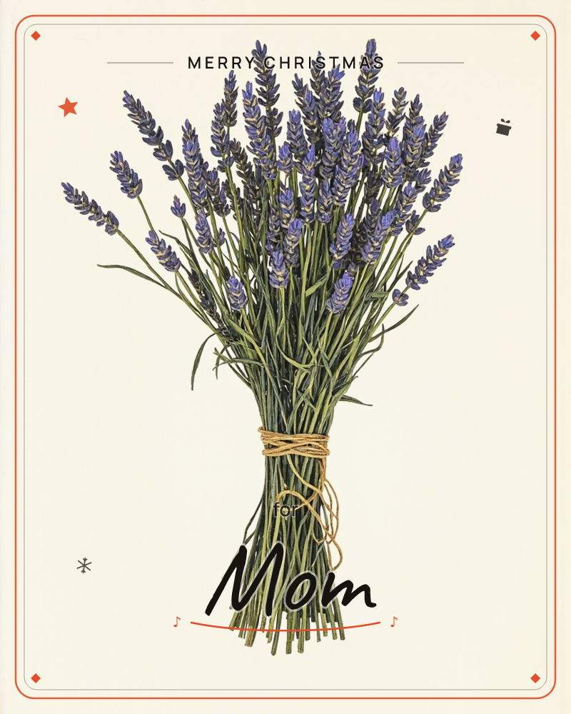 A tied bundle of lavender stands upright against a plain cream background, its slender green stems bound with rustic twine, a christmas e-card design