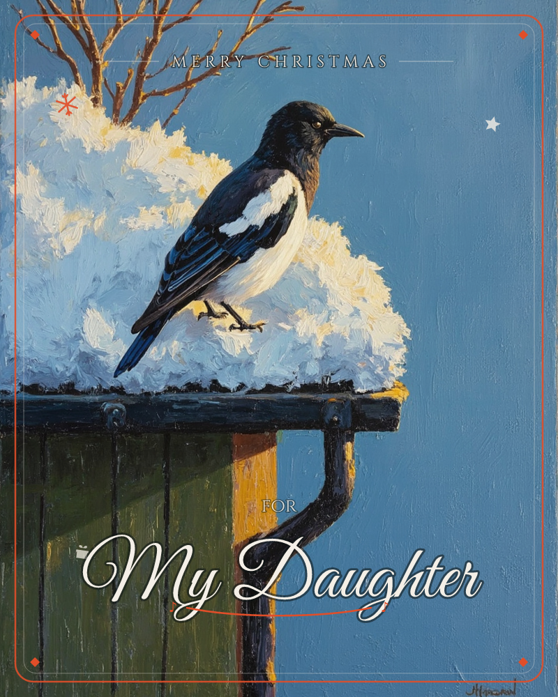 A magpie perches on a snow-topped fence post, its black and white feathers catching cool winter light against a clear blue sky, a christmas e-card design
