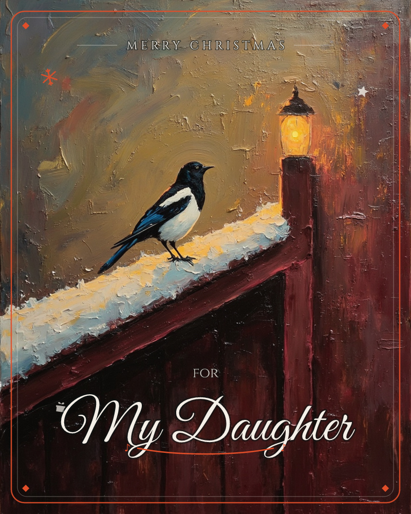 A magpie perches on a snow-topped wooden fence beside a glowing lantern post, its black and white feathers catching the amber light against a dusky…, a christmas e-card design