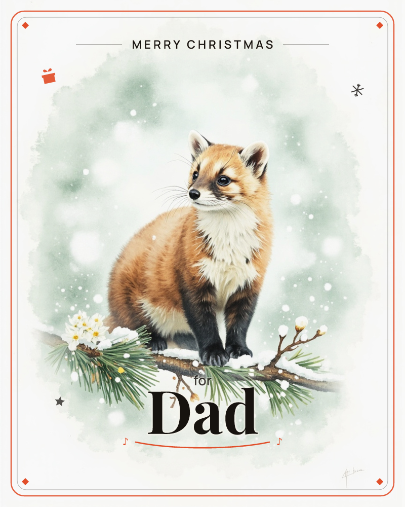 A young red fox sits perched on a snow-dusted pine branch scattered with small white winter flowers, its coat rendered in soft copper and cream tones, a christmas e-card design