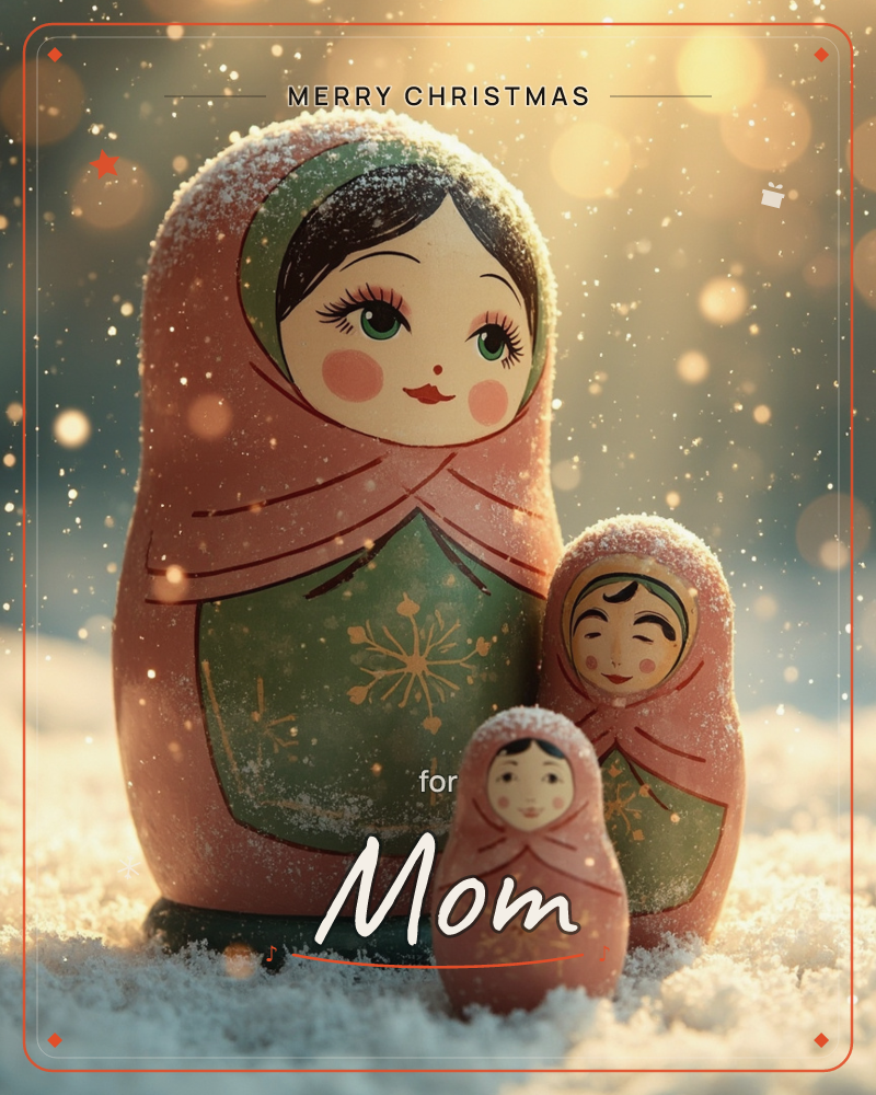 Three nesting matryoshka dolls stand together in fresh snow, dusted with frost and painted in soft rose and sage green with a small snowflake motif on…, a christmas e-card design
