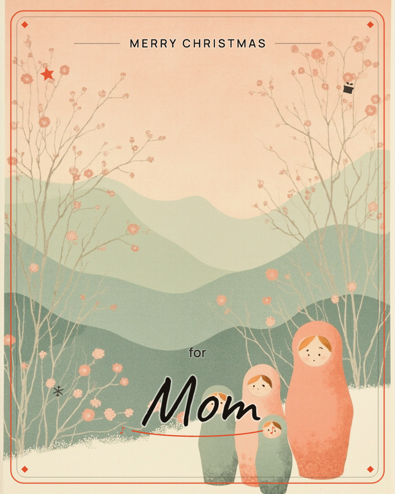 A set of nesting dolls in graduated sizes stands together at the edge of a snowy clearing, layered sage-green hills fading into a peach sky behind them, a christmas e-card design