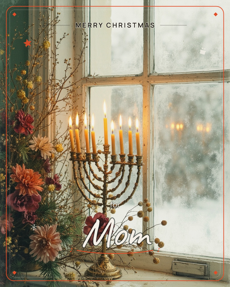 A brass menorah with nine lit candles stands on a snow-dusted windowsill, its glow reflected in the frosted glass, a christmas e-card design