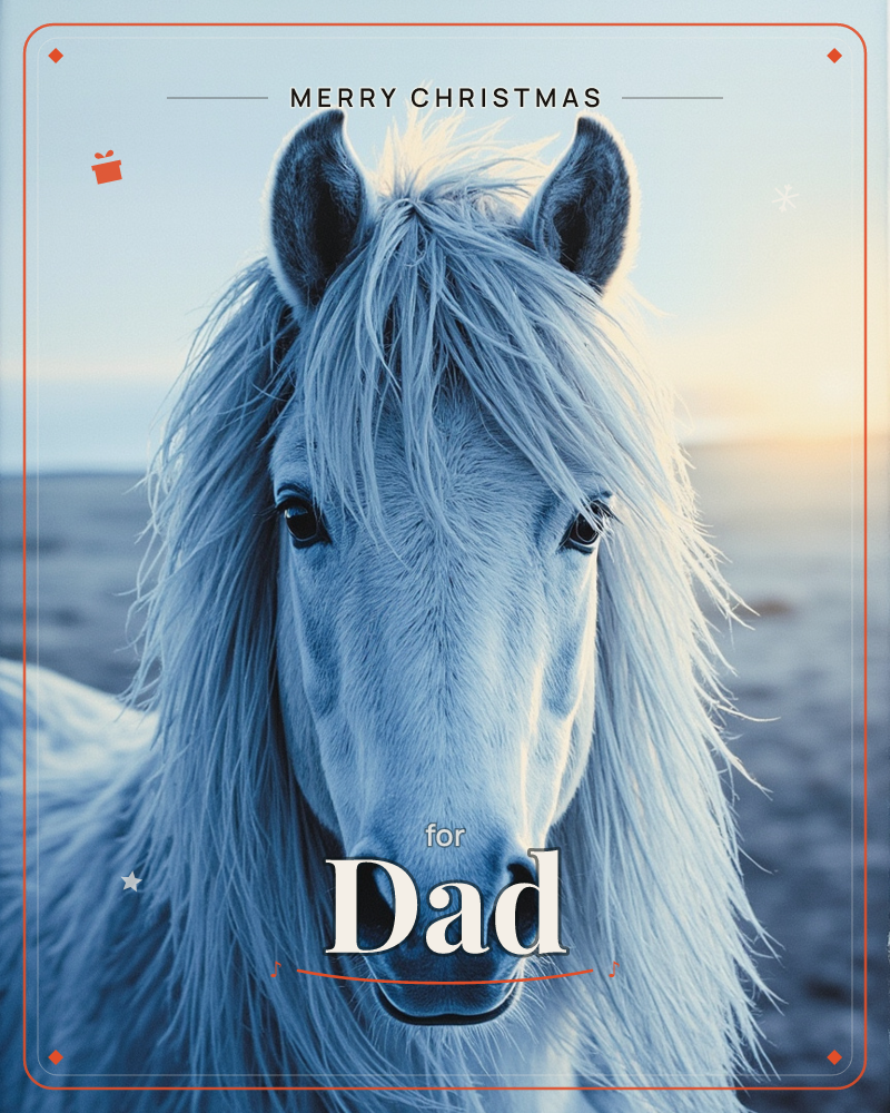 A white horse with a shaggy, windblown mane stares straight into the camera against a hazy dawn sky, a christmas e-card design