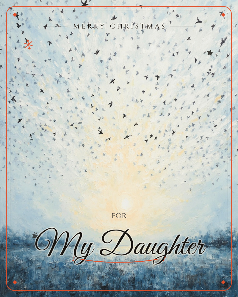 A vast flock of small dark birds bursts upward from a glowing sun sitting low on the horizon, scattering across a pale blue sky like sparks, a christmas e-card design