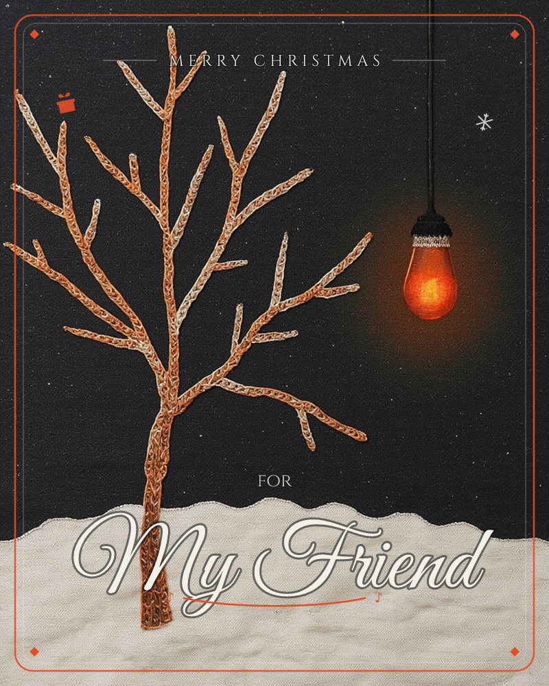 A bare, textured copper-toned tree stands in a snowy field under a starry midnight-blue sky, its branches reaching toward a single glowing orange bulb…, a christmas e-card design