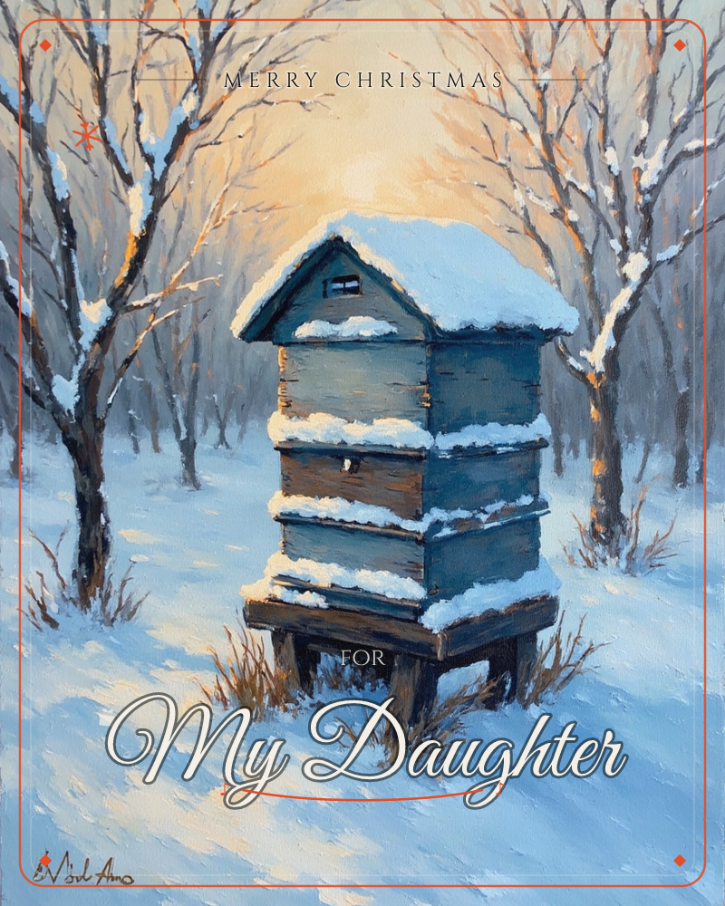 A wooden beehive with a peaked, snow-capped roof stands alone in a winter orchard, its blue-grey boards dusted with snow along every ledge, a christmas e-card design