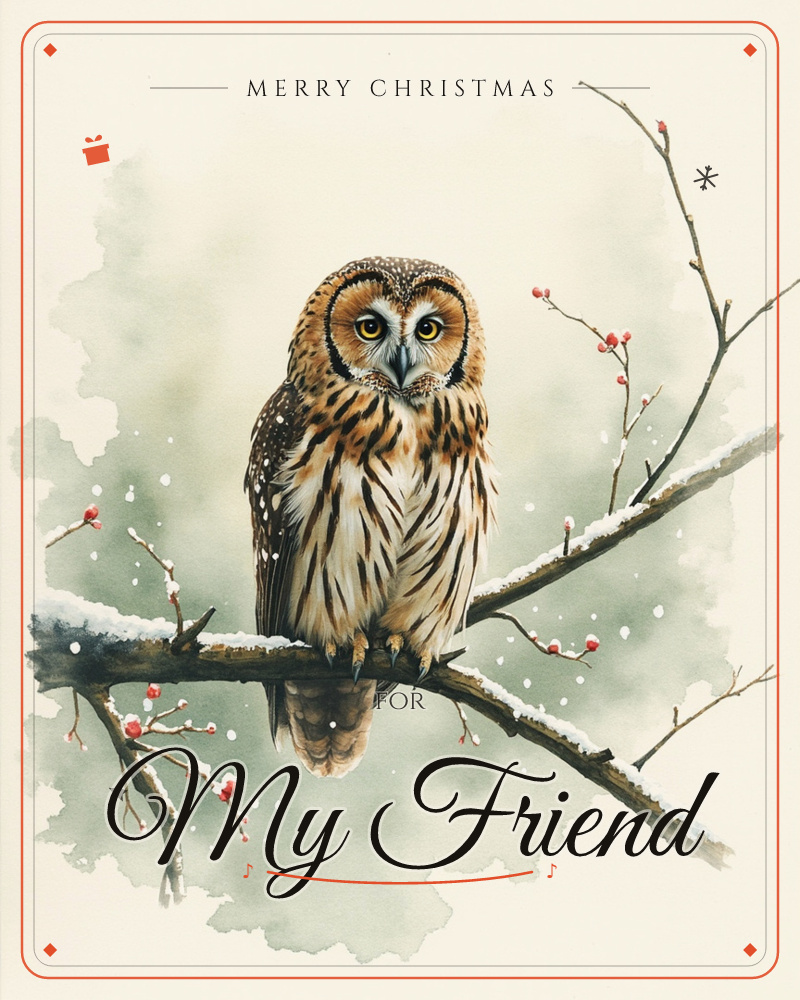 A watercolour owl with amber eyes perches on a snow-dusted branch, its speckled feathers rendered in warm browns and cream, a christmas e-card design