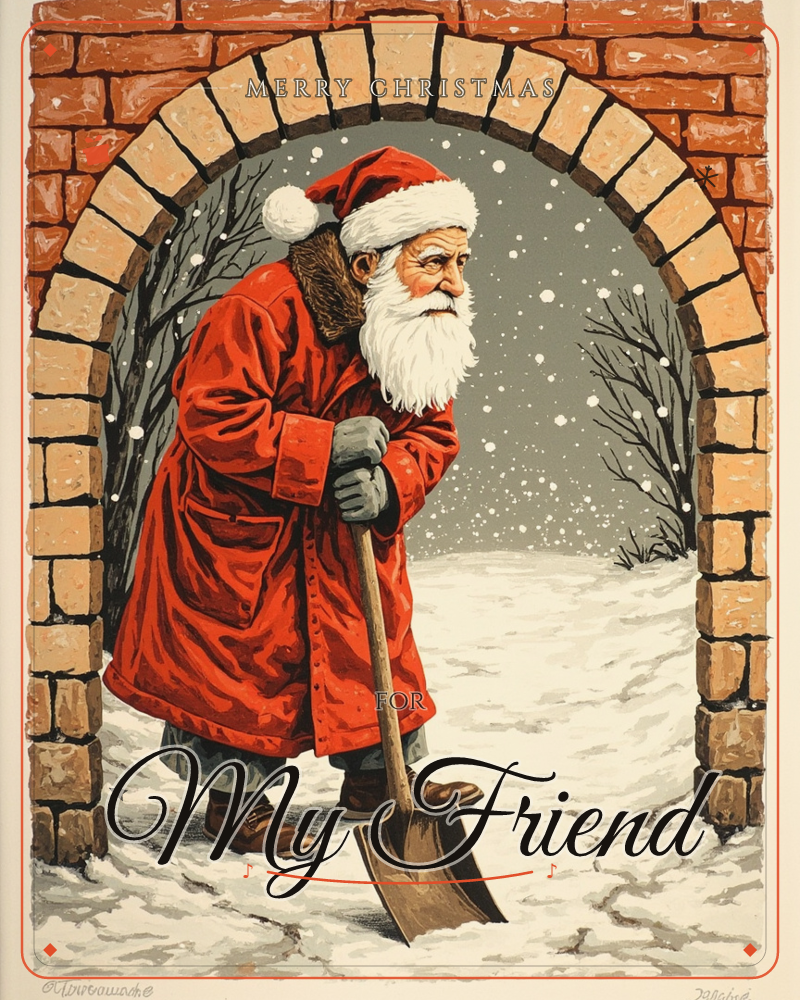 A weathered Santa in a long red coat and cap leans on a wooden shovel beneath a brick archway, pausing mid-task as snow falls steadily behind him, a christmas e-card design