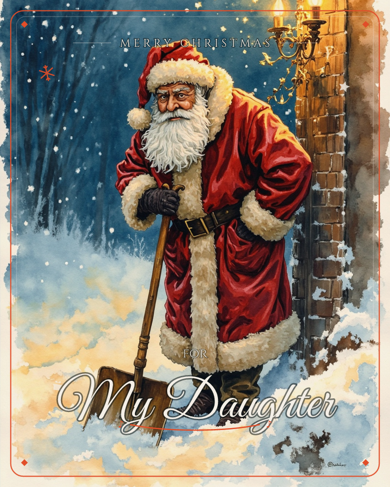 Santa Claus stands beside a brick pillar in a snowy night scene, leaning on a wooden shovel after clearing a path, a christmas e-card design