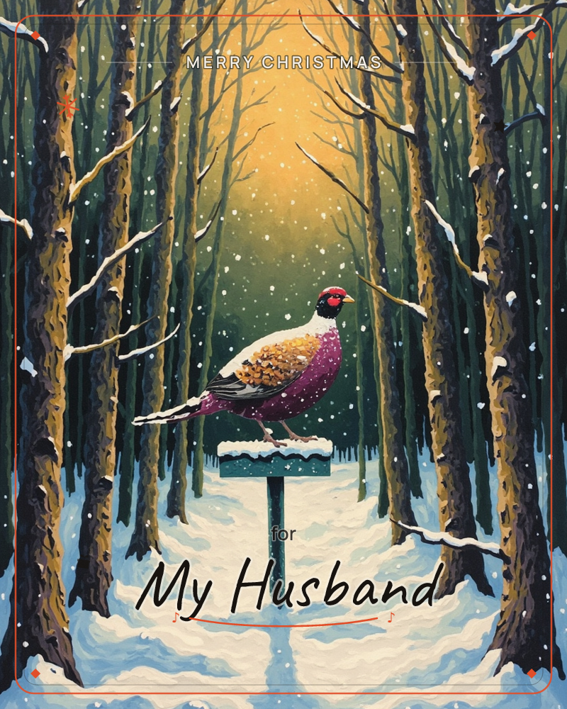 A pheasant with a red face and jewel-toned plumage perches on a snow-topped signpost at the centre of a winter forest avenue, a christmas e-card design