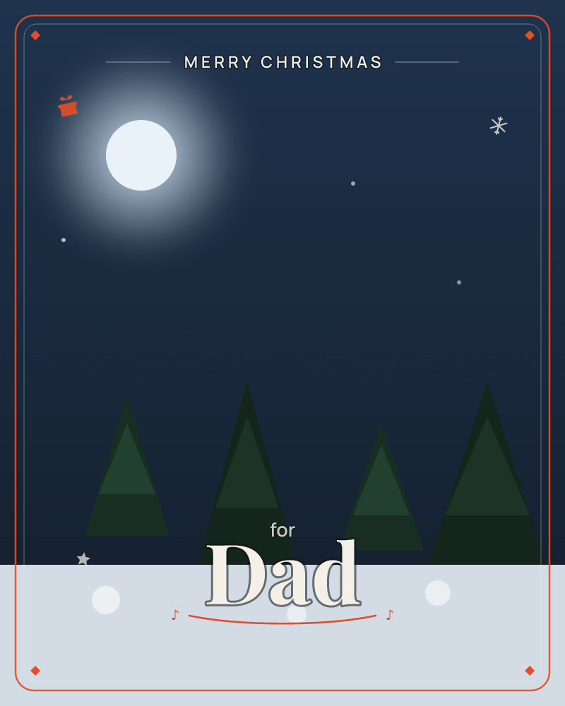 A quiet night scene shows a glowing full moon hung low over a dark forest silhouette, with a scatter of faint stars overhead and a soft grey mist…, a christmas e-card design by @DittyCityTeam