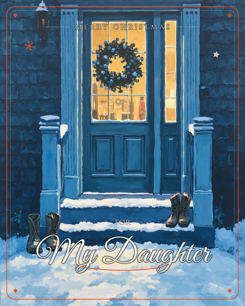 A blue front door glows amber from within, its glass panel hung with a wreath and lined with bottles catching the light, a christmas e-card design