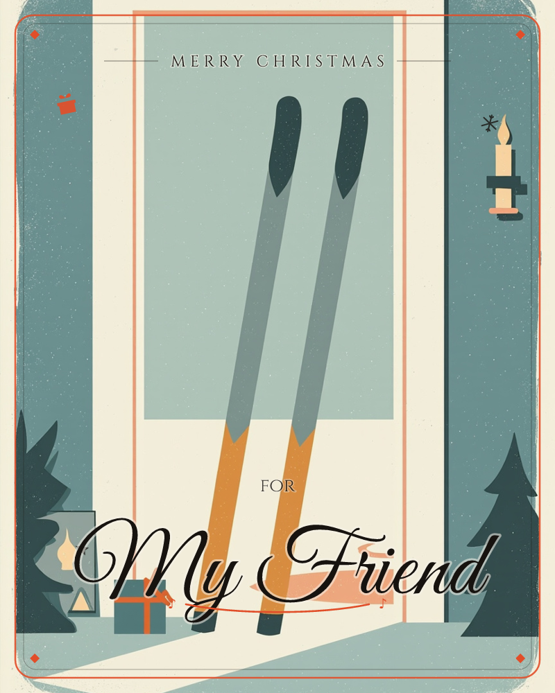 A pair of skis leans against a front door lit warm from within, with a wrapped gift and a lantern candle waiting on the step outside, a christmas e-card design
