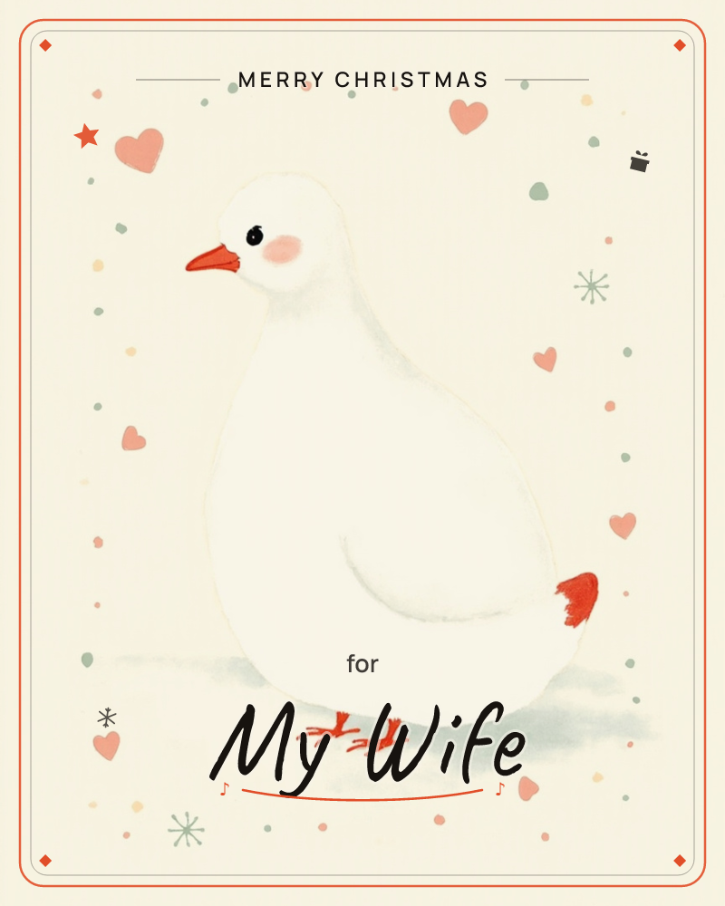 A plump white goose with a blushing pink cheek and bright orange beak and feet stands on a soft grey shadow against a warm cream background, a christmas e-card design