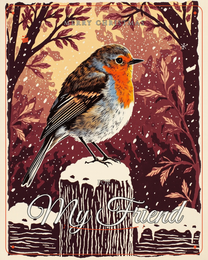 A robin with a bright orange breast perches on a snow-capped wooden fence post, framed by bare autumn-toned trees under a maroon sky flecked with…, a christmas e-card design