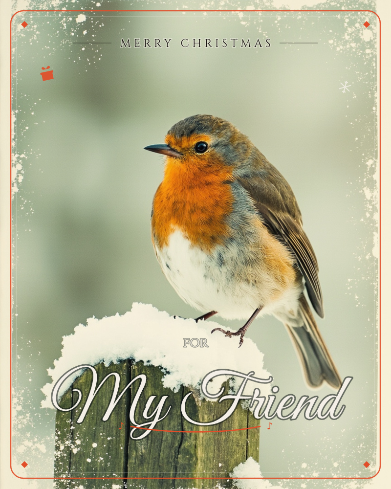 A robin with a bright orange breast perches on a snow-capped wooden fence post, its body turned to show off soft grey and white feathers, a christmas e-card design