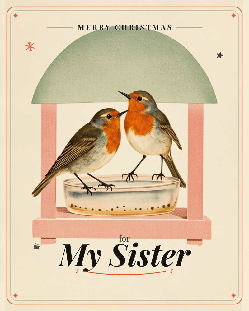 Two robins with rust-orange breasts perch close together on the rim of a shallow birdbath, sheltered under a pink-legged stand with a sage-green domed…, a christmas e-card design