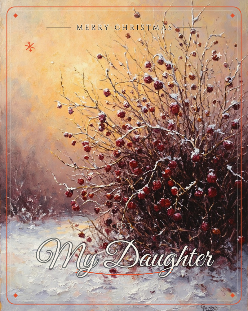 A snow-dusted bramble heavy with dark red berries leans over a bank of thick snow, painted in loose, textured oil strokes, a christmas e-card design