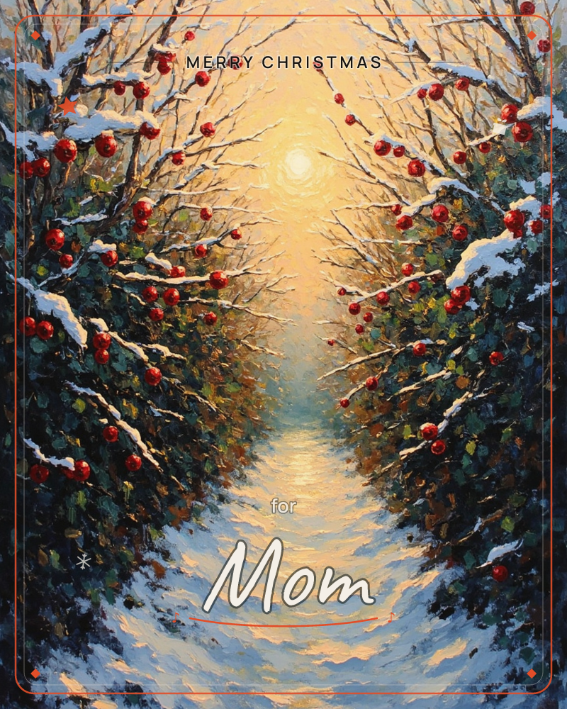 A snow-covered path cuts between two dense hedgerows heavy with red winter berries, their branches dusted white and arching toward a low golden sun, a christmas e-card design