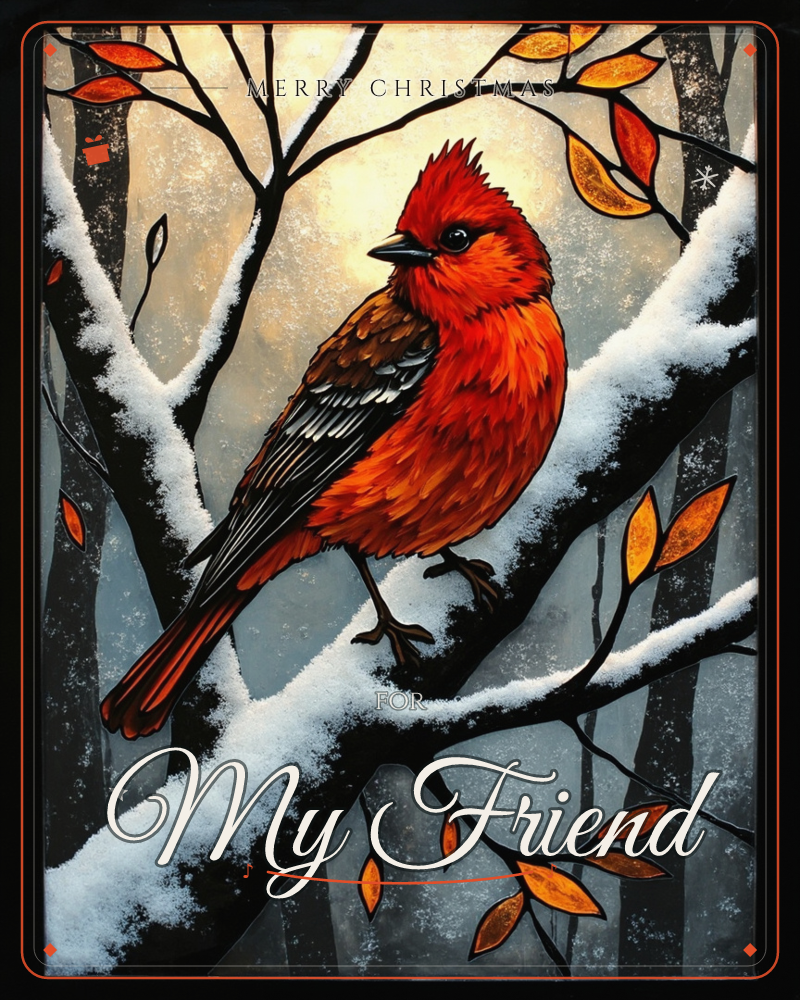 A vivid red bird with black-outlined feathers perches on a snow-dusted branch, rendered like a stained-glass window with bold dark leading, a christmas e-card design