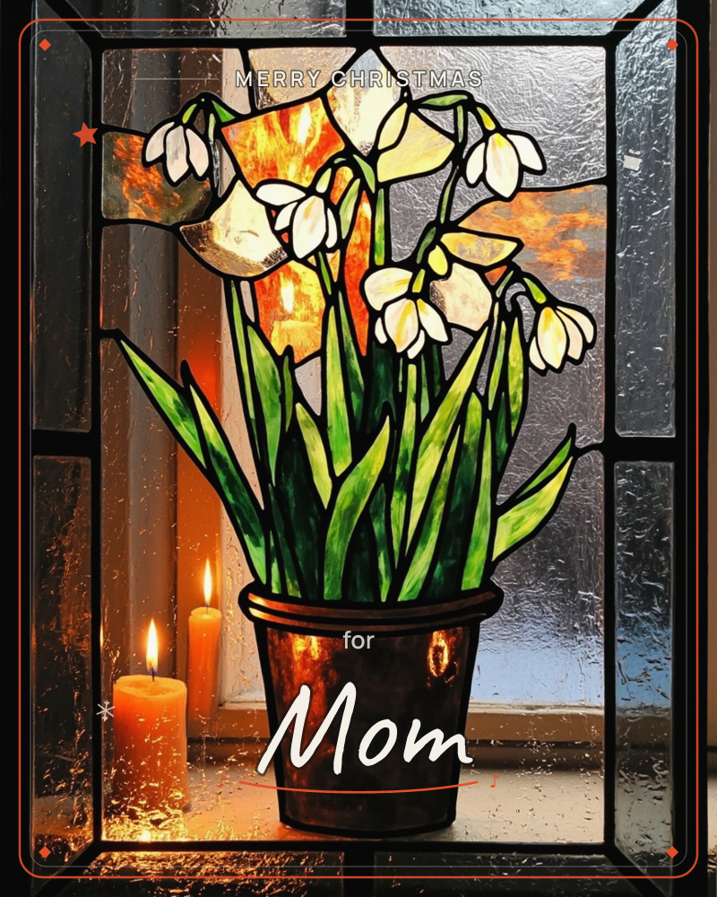 A stained-glass style window panel shows a potted arrangement of white snowdrop flowers with slender green leaves, framed in thick black leading, a christmas e-card design