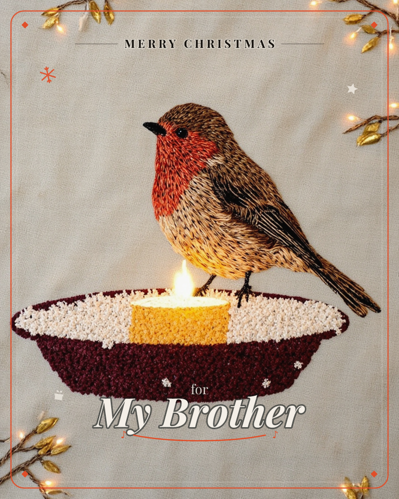 An embroidered robin with a bright orange-red breast perches beside a lit candle sitting in a burgundy dish sprinkled with tufted white 'snow', all…, a christmas e-card design
