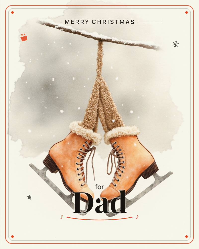 A pair of tan leather ice skates with fur-trimmed tops hang by their laces from a snow-dusted branch, set against a soft grey watercolour wash flecked…, a christmas e-card design